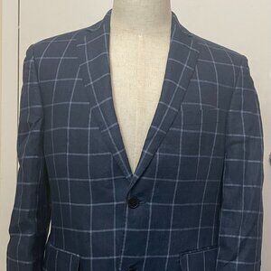 Tallia Men’s Linen Blazer Sport Coat Blue Windowpane Plaid Elbow Patch 36S